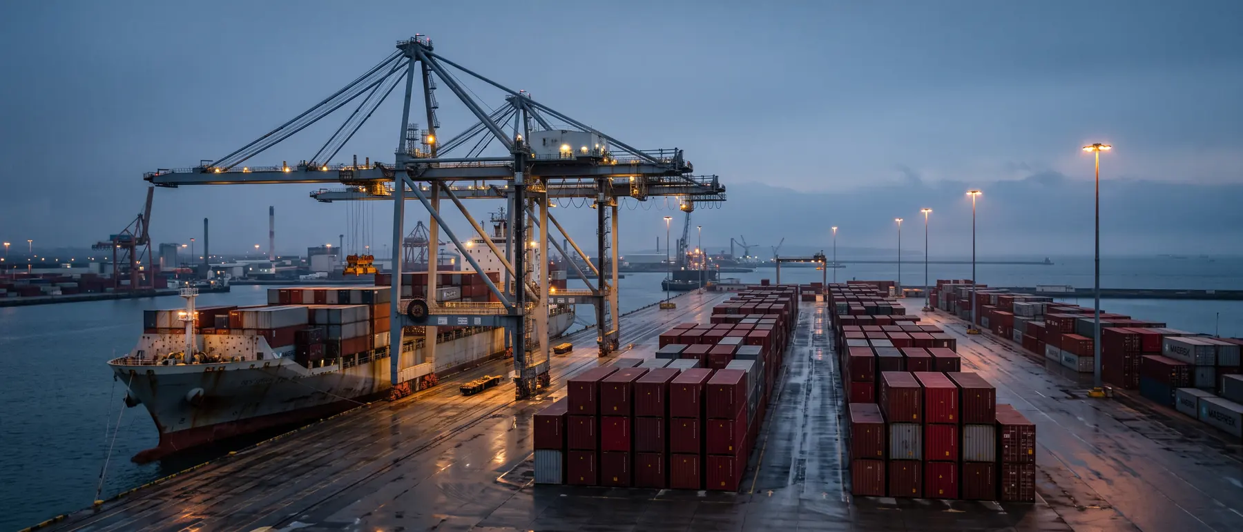 Terminal de contenedores al anochecer, con grúas de muelle sobre un buque atracado