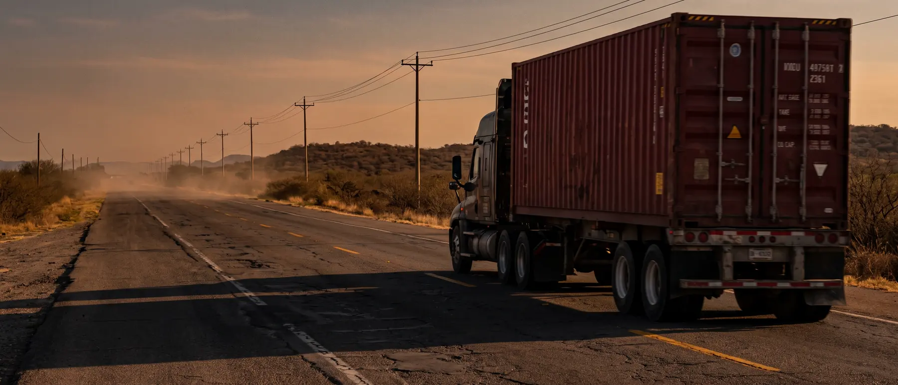 Tractocamión con un contenedor rojo sobre una carretera mexicana al atardecer