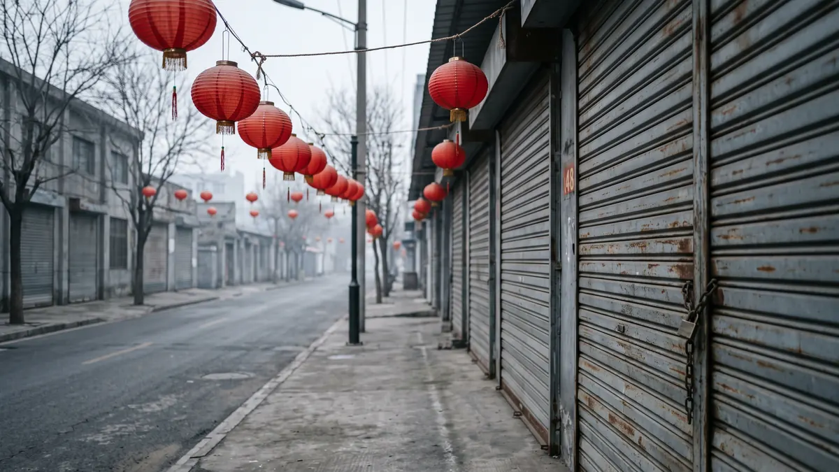 Calle industrial tranquila con faroles rojos colgados sobre una cortina metálica cerrada