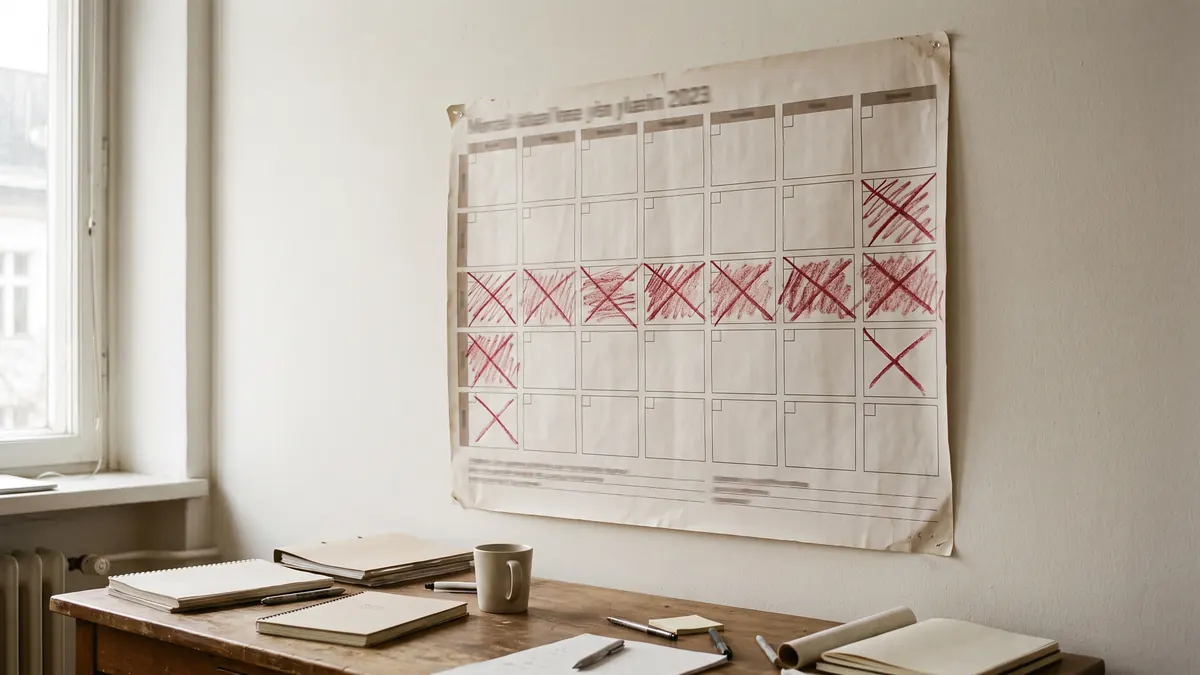 Planificador anual de papel en la pared con varios bloques de semanas marcados en rojo