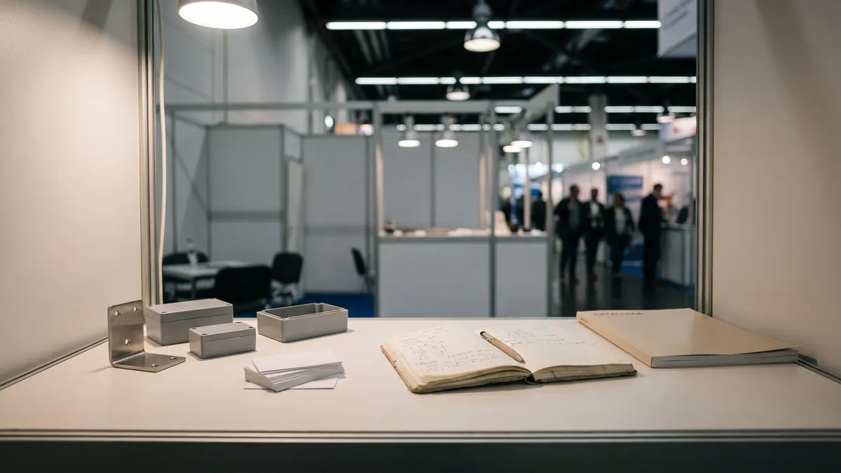 Mostrador de un estand de feria con muestras sin marca, tarjetas en blanco y una libreta abierta