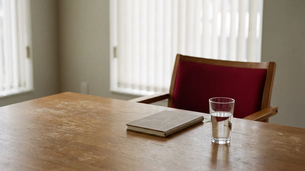 Silla vacía retirada de una mesa de reunión con una libreta cerrada y un vaso de agua intacto