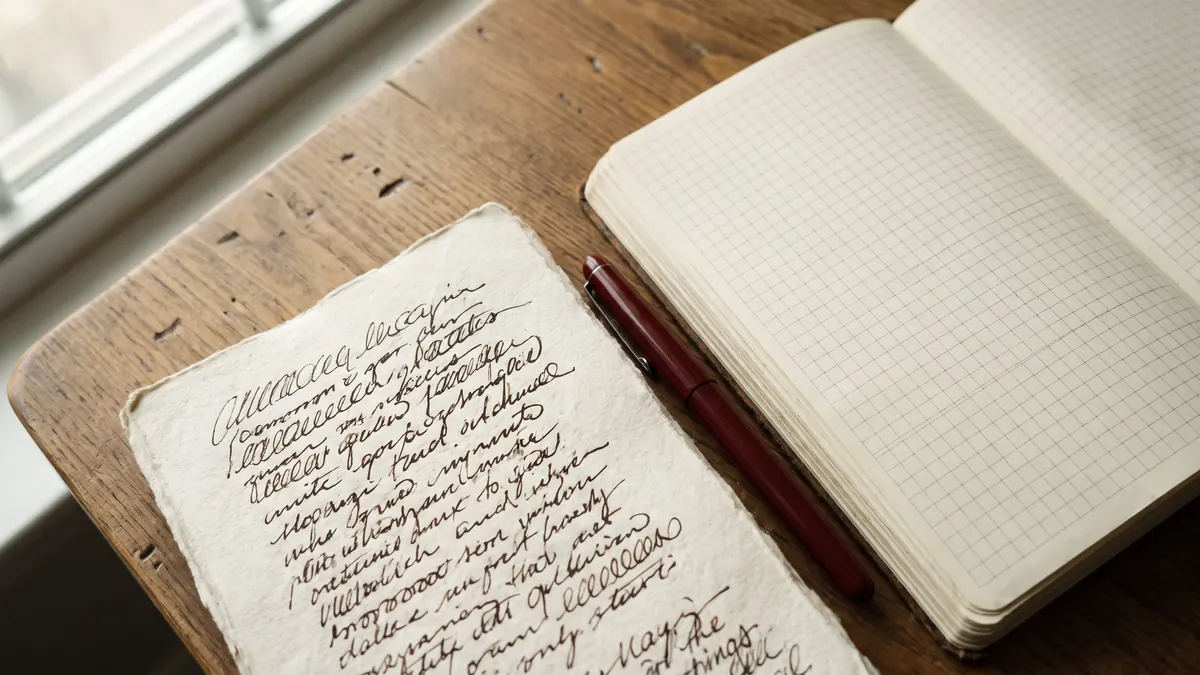 Dos libretas abiertas lado a lado, una con escritura densa y otra con una cuadrícula ordenada