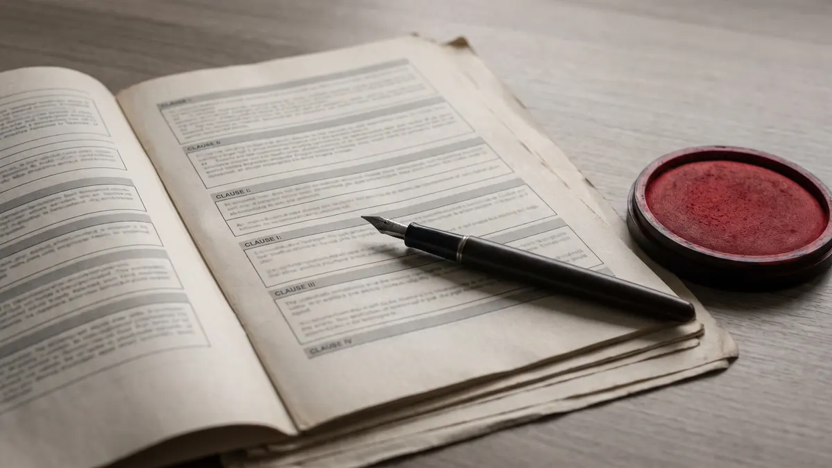 Contrato impreso de varias páginas abierto sobre un escritorio con una pluma y un cojín de tinta roja