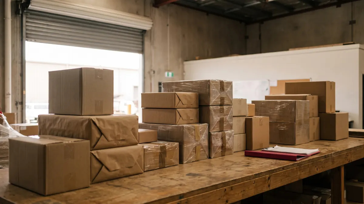 Mostrador de bodega con lotes de cajas de varios proveedores agrupados para consolidarse
