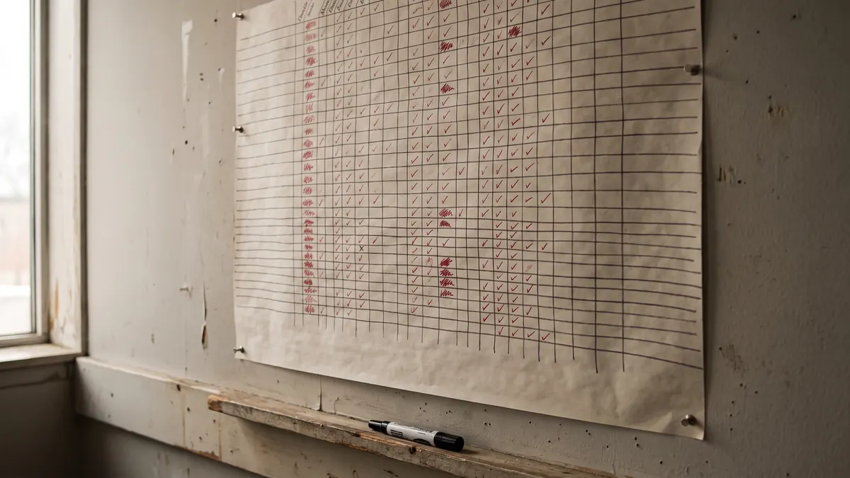 Tabla de seguimiento dibujada a mano en una hoja grande clavada en la pared, con marcas rojas