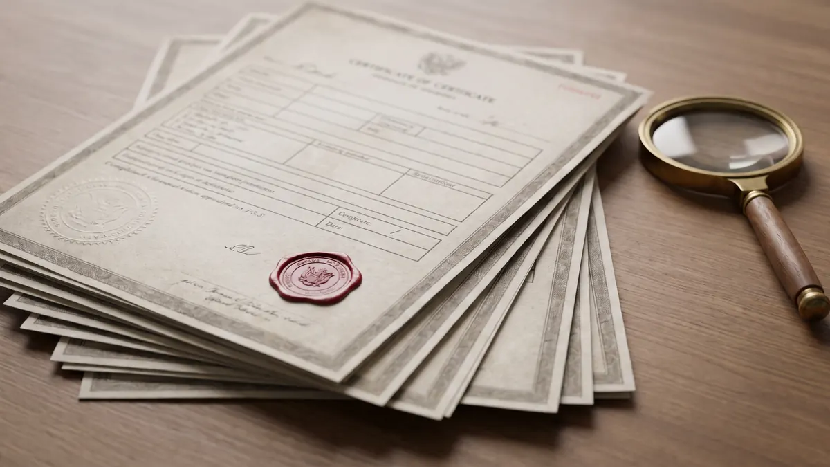 Certificados y documentos oficiales desplegados sobre un escritorio junto a una lupa