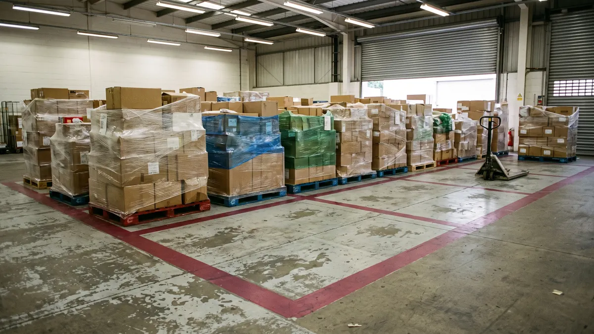 Andén de bodega de consolidación con tarimas de distinto tamaño y envoltura esperando en cuadros marcados