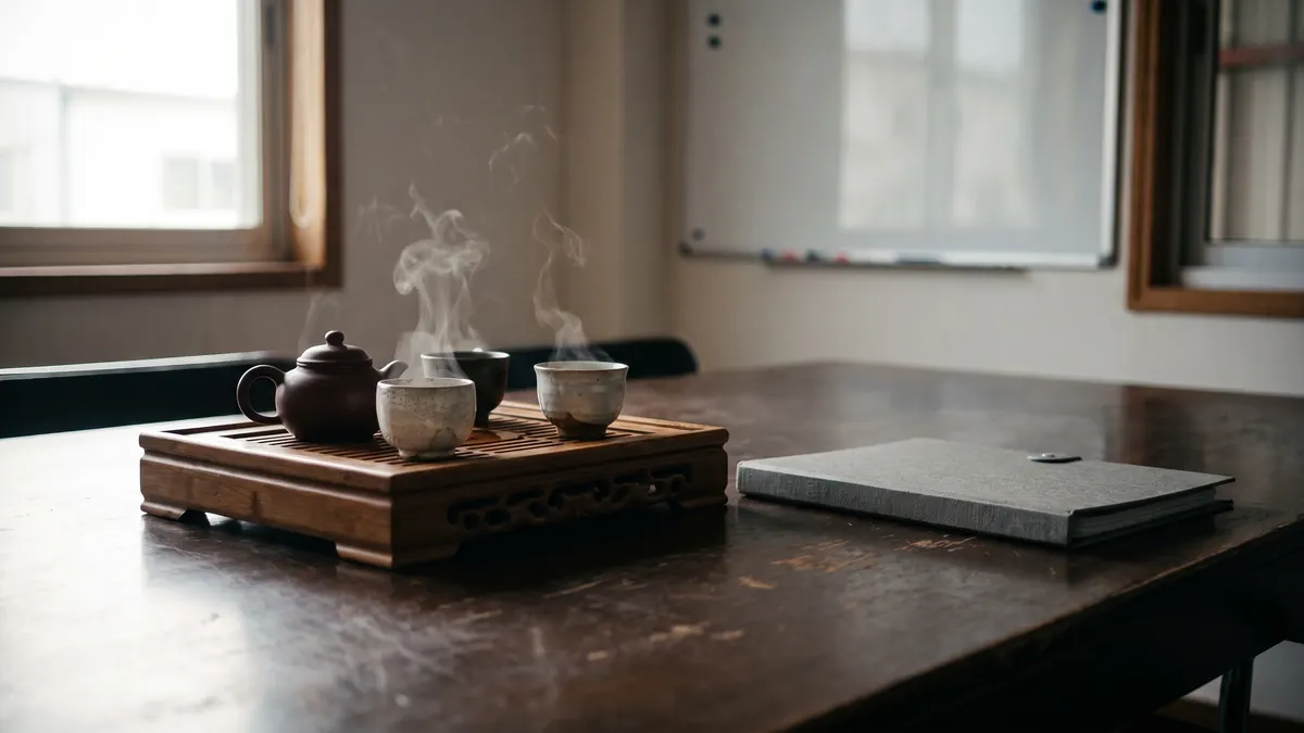 Juego de té chino sobre una mesa de reunión con dos tazas servidas y una carpeta a un costado