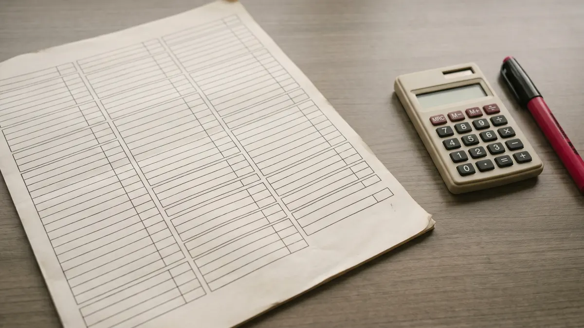 Lista de precios impresa con varias columnas regladas junto a una calculadora de bolsillo