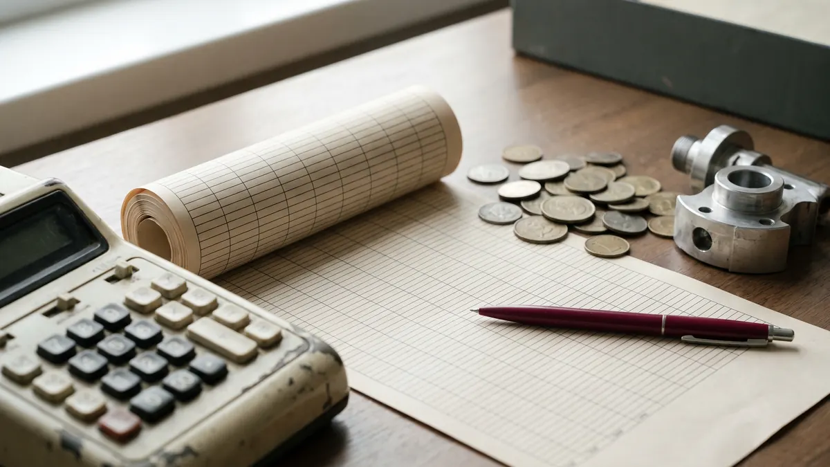 Escritorio con calculadora, planilla impresa de filas regladas y una pieza de muestra