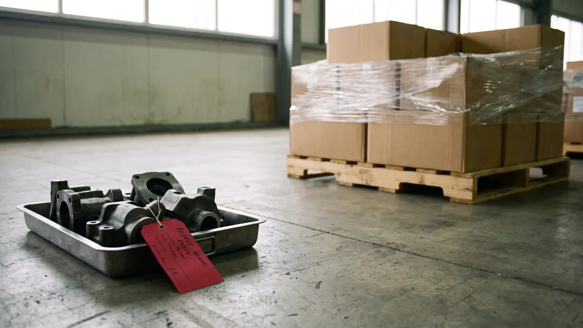 Bandeja de piezas rechazadas apartada de una tarima de cajas aprobadas en el piso de la bodega
