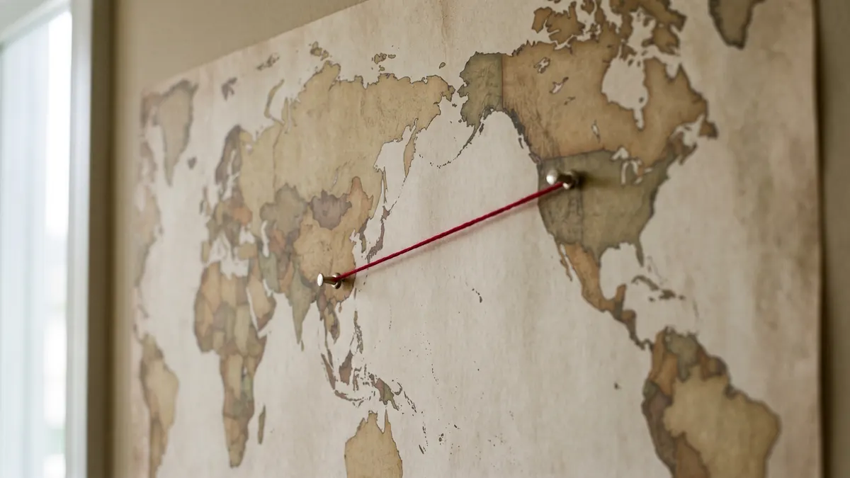 Mapa de pared con dos alfileres y un cordel tenso cruzando entre Asia y América