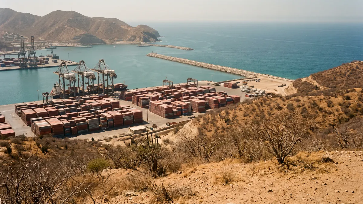 Puerto de contenedores del Pacífico mexicano visto desde una ladera, con cerros secos alrededor