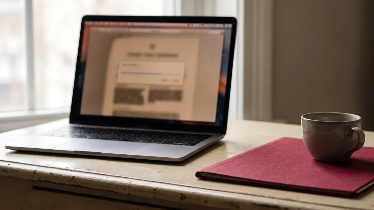 Computadora portátil sobre un escritorio con una pantalla de estado de pedido desenfocada