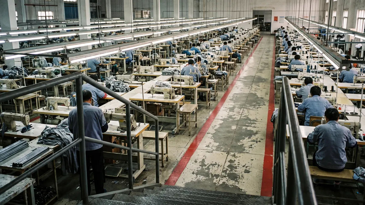 Nave de fábrica china con filas de estaciones de trabajo que se pierden en la distancia