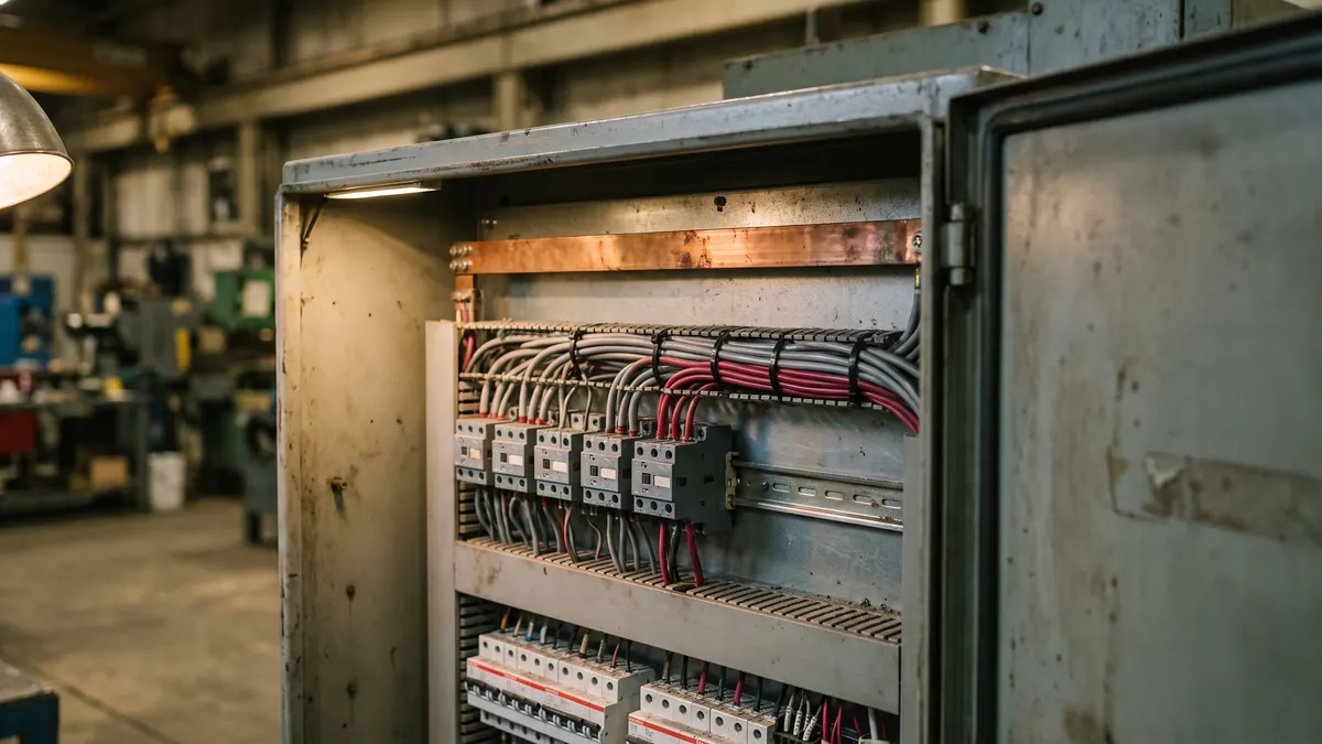 Tablero eléctrico abierto de una máquina industrial con contactores y cableado ordenado