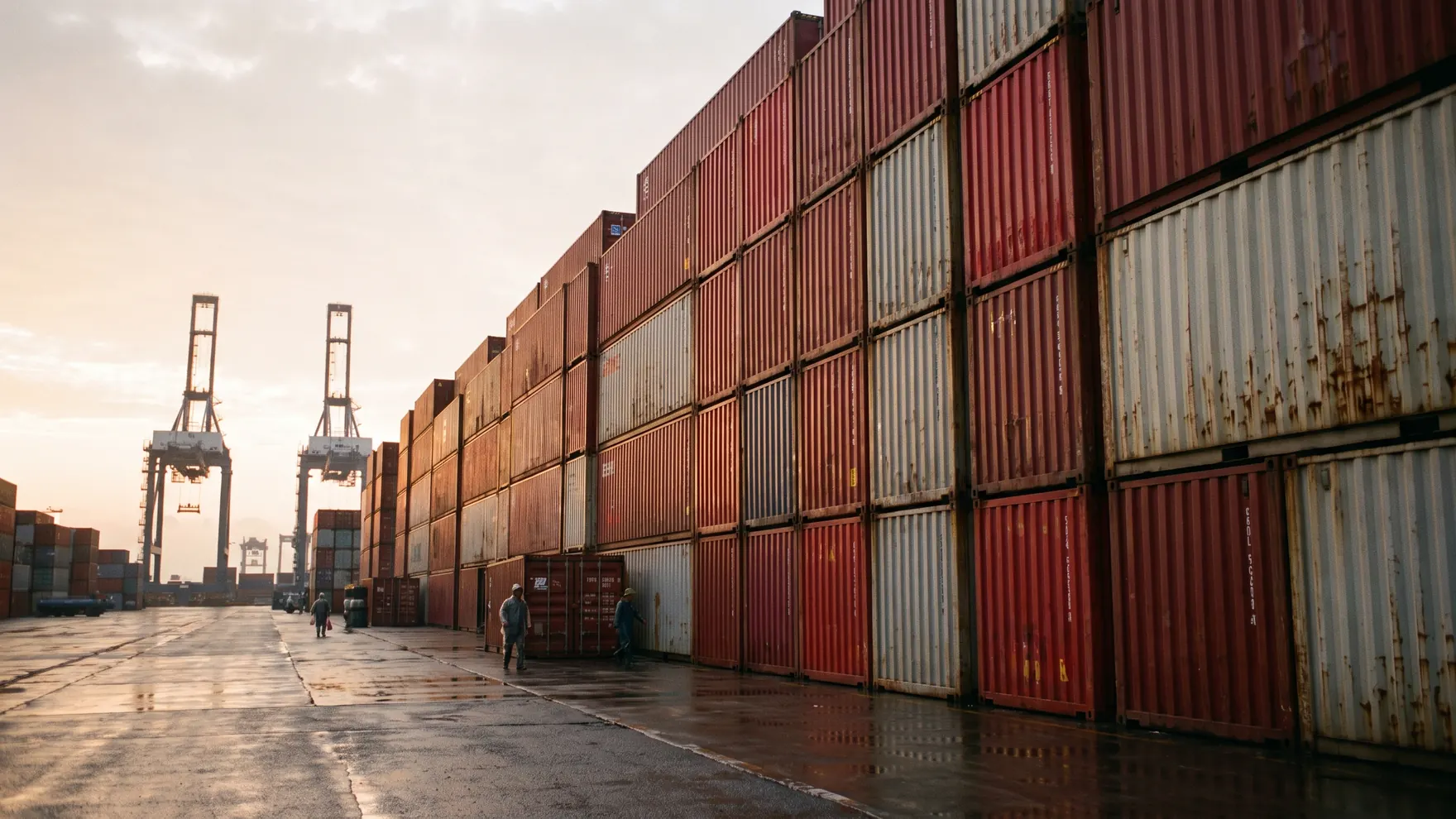 Contenedores apilados y grúas en una terminal portuaria del sur de China al amanecer