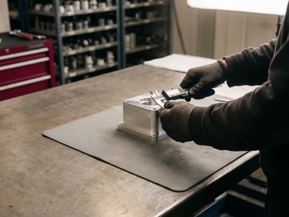 Calibrador digital midiendo una pieza de aluminio en una mesa de inspección