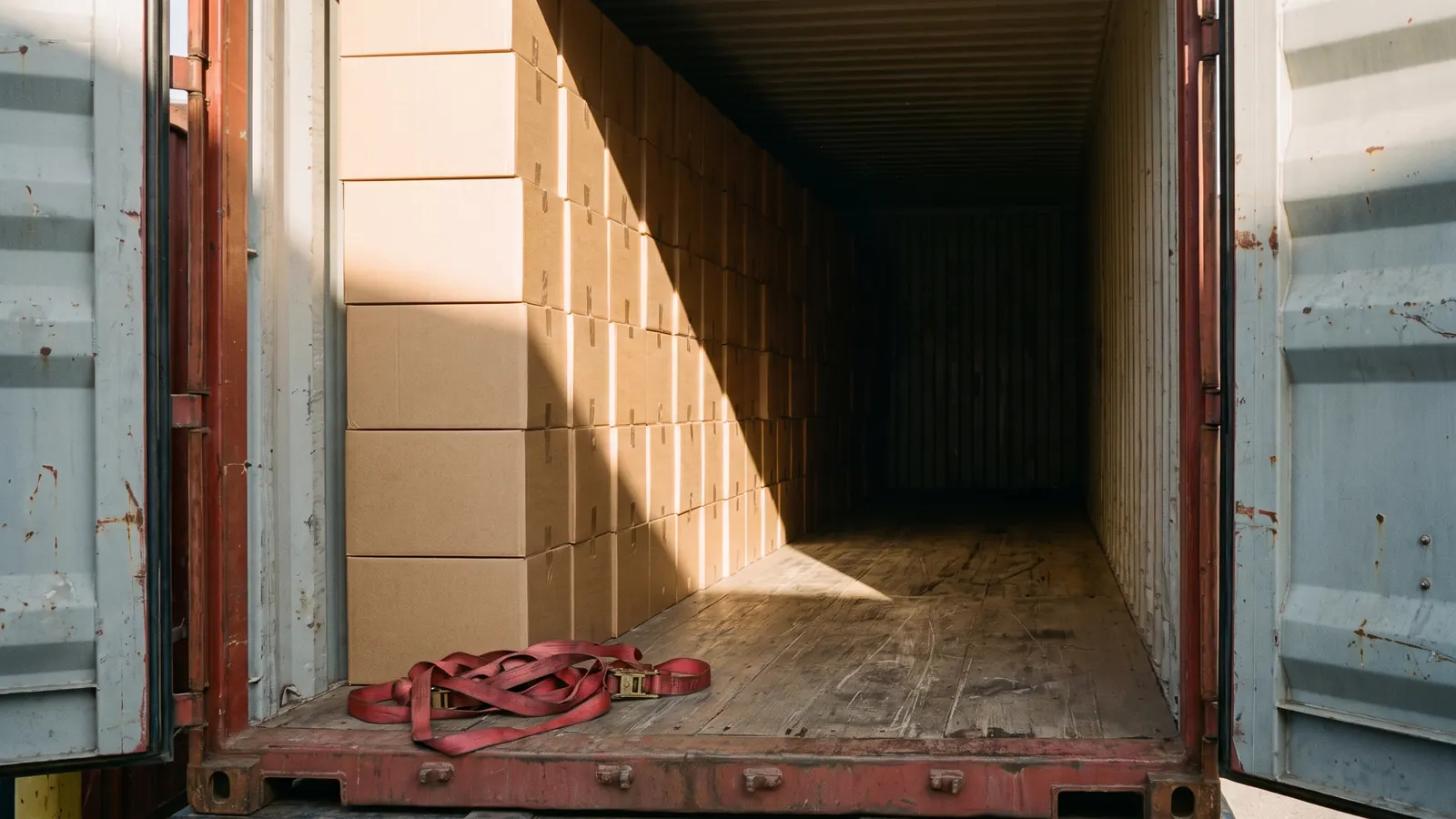 Interior de un contenedor con cajas estibadas y un haz de luz entrando por la puerta abierta