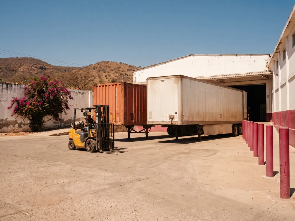 Patio de distribución en el centro de México con dos remolques en andén y un montacargas cruzando