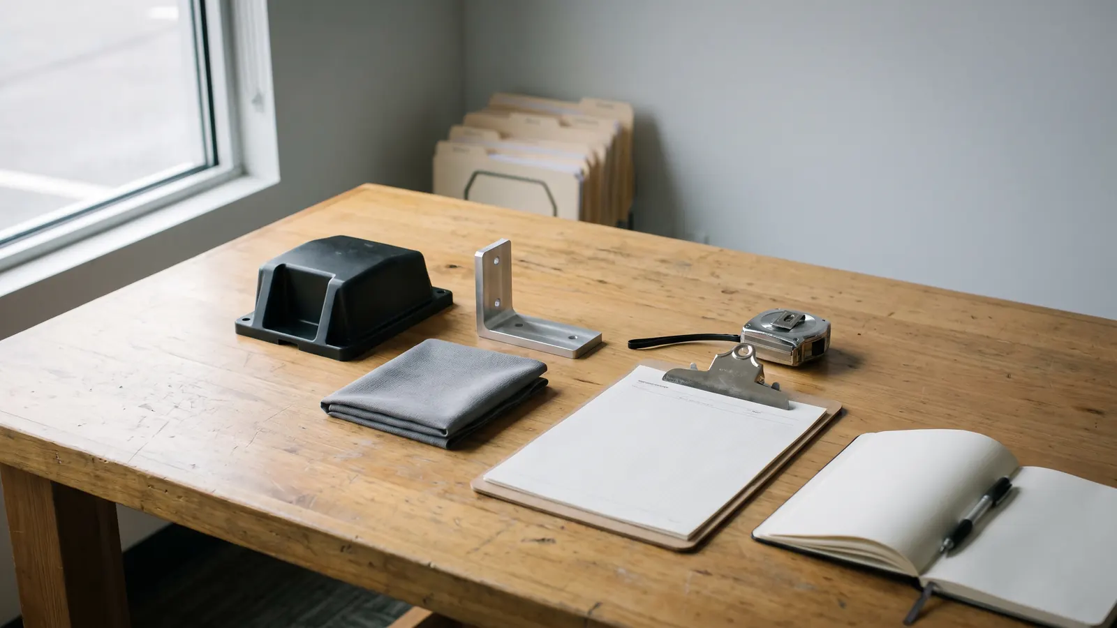 Mesa de trabajo con tres muestras de producto sin marca, cinta métrica y una ficha técnica en blanco lista para cotizar