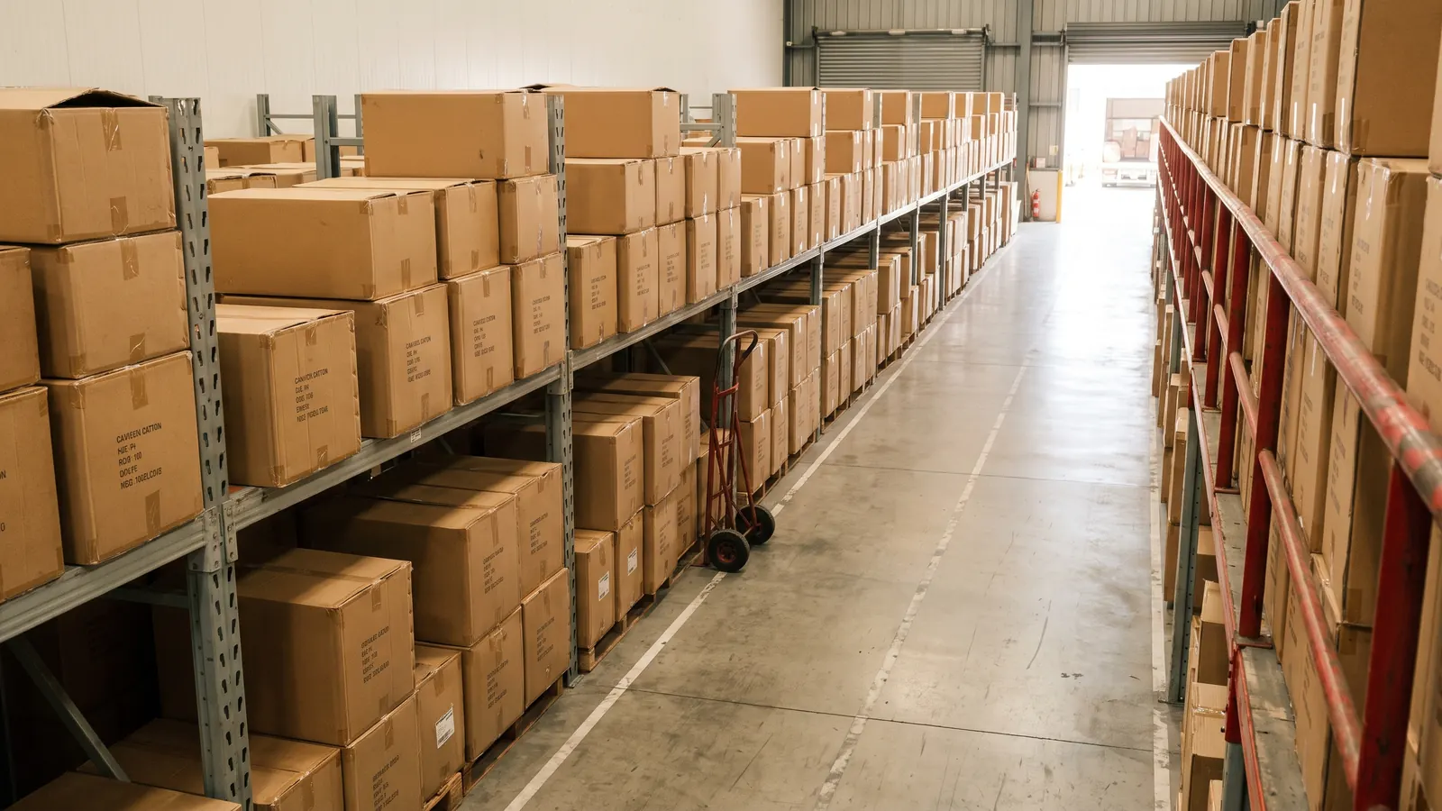 Estantería de bodega de exportación con cajas de cartón alineadas hacia el andén de carga
