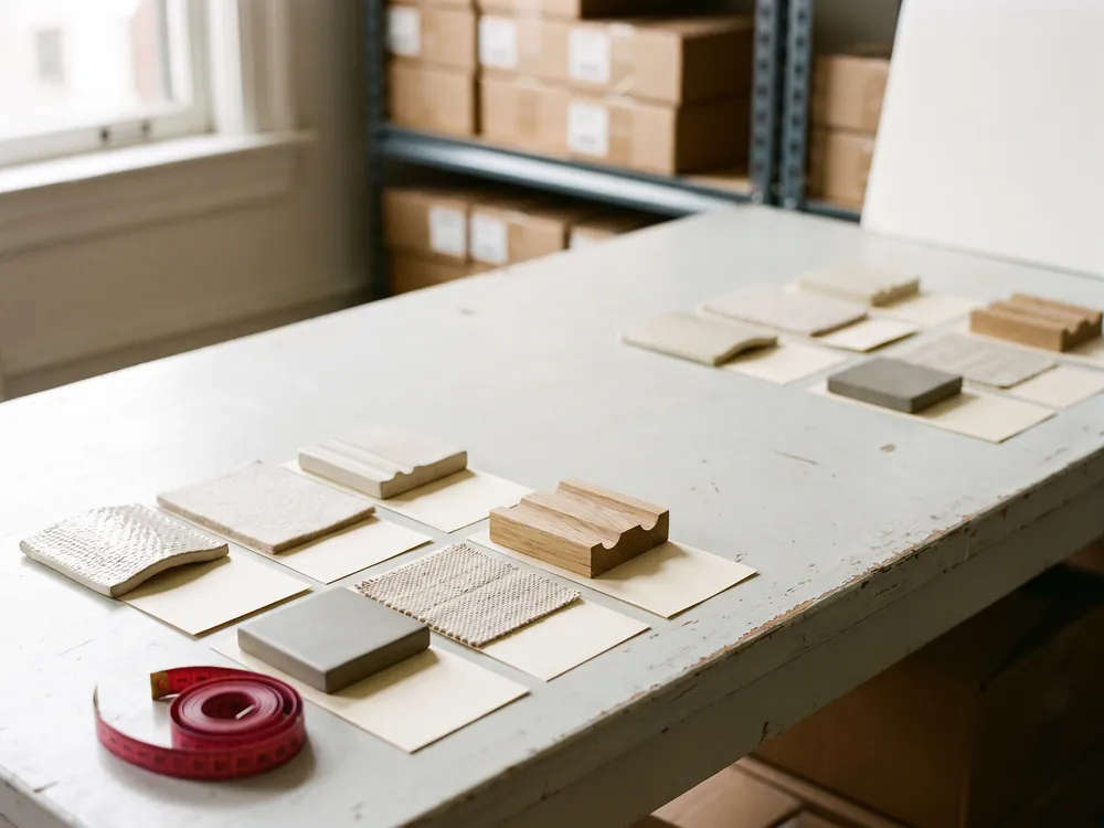 Mesa de revisión con muestras de producto sin marca sobre tarjetas en blanco