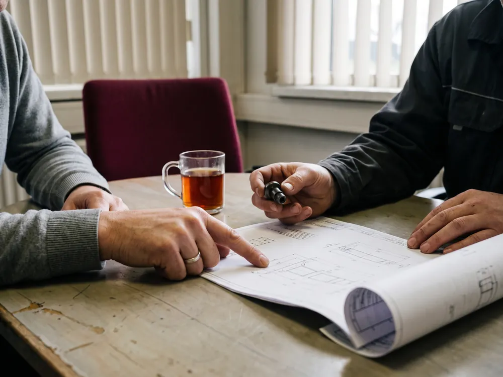 Manos comparando un plano técnico impreso con una pieza física sobre una mesa de junta
